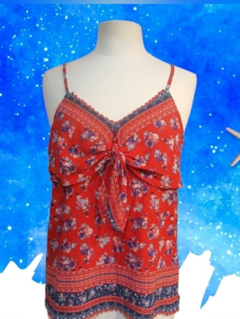 No Boundaries Red Floral Tie-Front Cami with Blue Trim